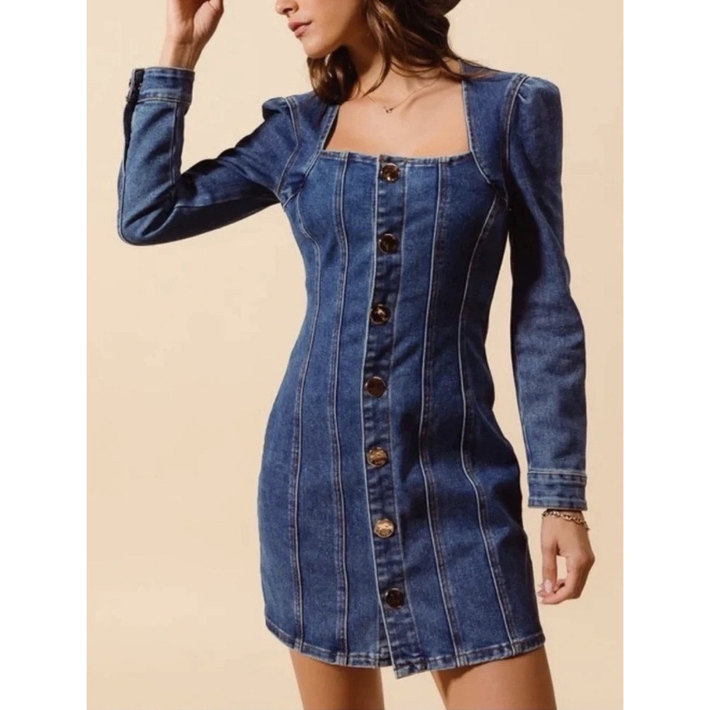 House of Harlow 1960 Nicole Richie Denim Mini Dress Puff Sleeve Blue 8 M